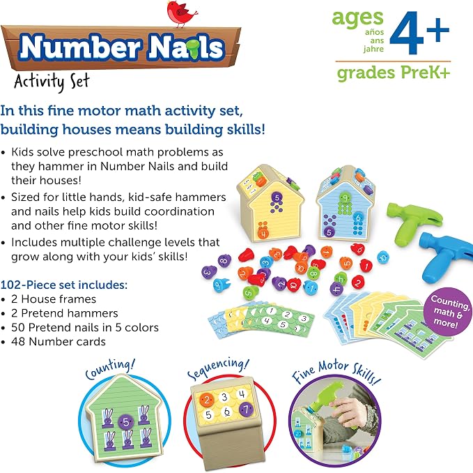 Learning Resources Number Nails Activity Set - Math Manipulatives for Preschoolers Games, Counting Hammer Toy, STEM Fine Motor Skills, Kindergarten Educational Activities, Gifts for Boys and Girls | Math Manipulatives for Preschoolers, Fine Motor Skill...