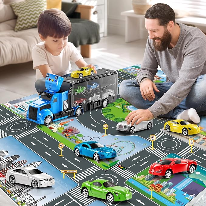 NIPLOOOW Racing Trucks Toy Set with Play Mat, Carrier Truck Play Vehicles Set for 3 4 5 6 Years Old Boys Kids, Die-Cast Car Toy for Toddlers 3-4 Years, Birthday Gifts Toys for 3-9 Year Old Boys