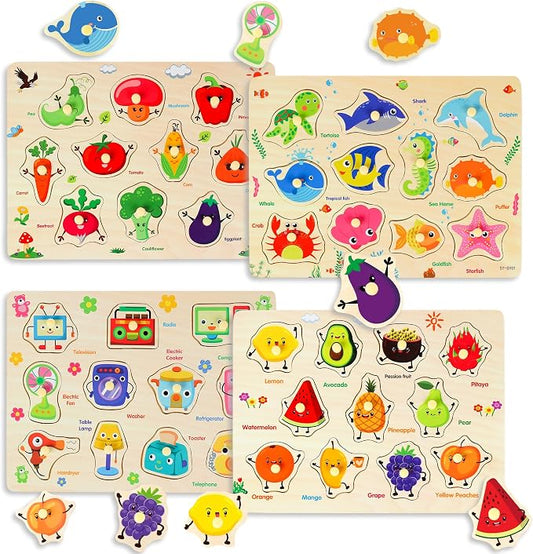 Melofaver 4 PCS Wooden Peg Puzzles for Toddlers, Montessori Kids Puzzle | 4 PCS Toddler Puzzles Set-Fruits, Sea Animals, Home Appliances, Vegetables, Learninng Toys Gift for 3 4 5 Years Boys Girls