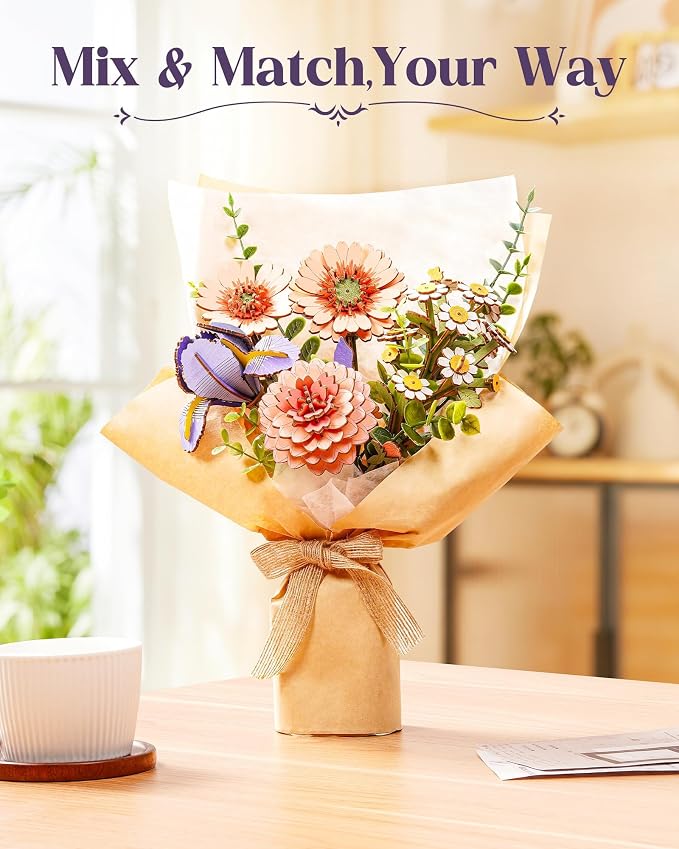 Rowood 3D Puzzles for Adults,DIY Mother's Day Wooden Flower Building Set Craft Kits, Botannical Collection Home Decor,Christmas/Birthday/Valentine's Day Gift- Purple Iris