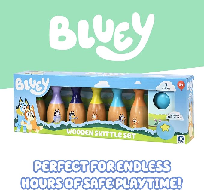 Bluey Wooden Bowling Set, 6 Character Pins, Indoor & Outdoor | Durable wood skittle game builds coordination & teamwork; Bluey toy for kids ages 3+, indoor-outdoor fun