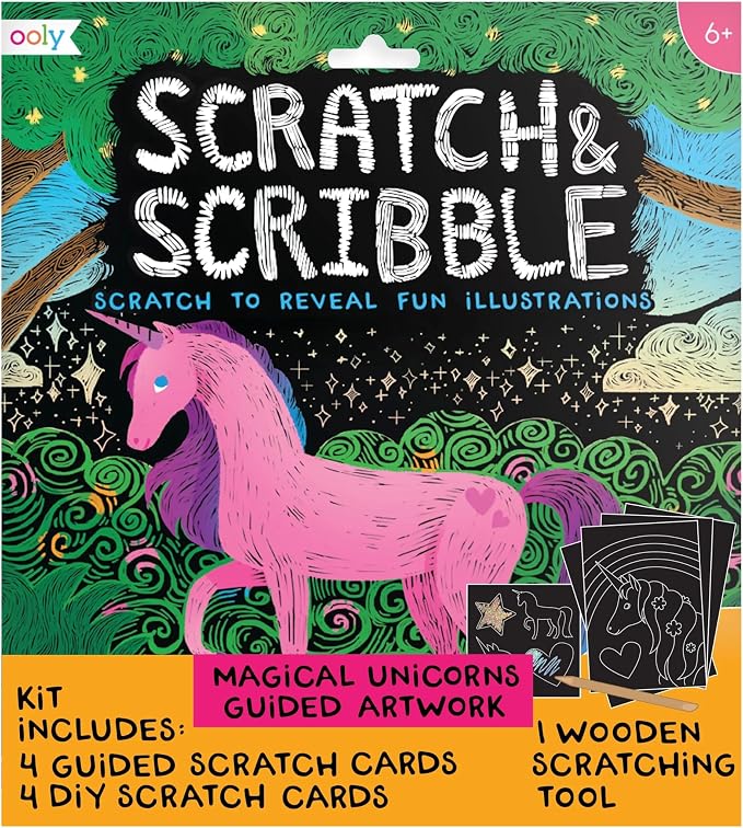 Ooly Scratch & Scribble Art Kit, 8 Cards, Sticker Sheet – Unicorns | Ages 6+, Wooden Stylus and Stickers Included, Screen-Free Portable Car and Airplane Travel Activity, Gift for Kids