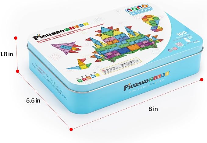 PicassoTiles 100PC Travel Nano Magnetic Tiles Construction Building Blocks Toy with Storage Case Educational STEM Learning Build Kit 3D Magnet Tile Stacking Block Toys for Kids Boys Girls Ages 3+ PN04