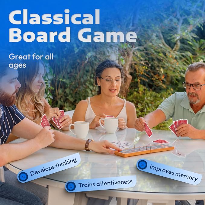 Cribbage Board Game Set with Storage - Classic Game Travel Cribbage Board with Wooden Card Storage for Adults & Kids - Ideal for Game Night