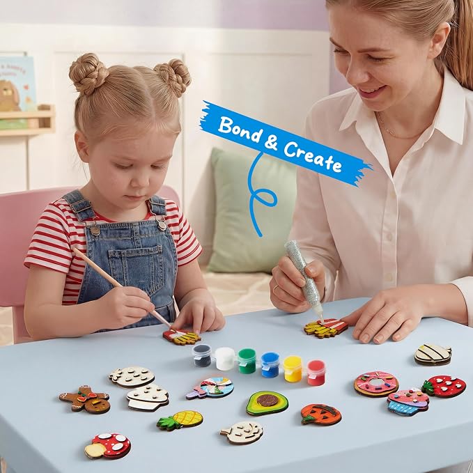 JOYIN 12 pcs Wooden Magnets, Painting Craft for Boys and Girls, Spring and Rainy Day Activities Kit, Craft Toys Gifts for Kids Birthday Easter
