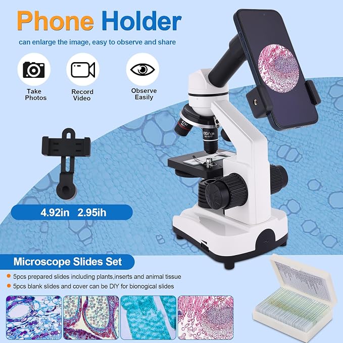 Microscope for Adults & Kids, 40X-2500X High-Power Compound Microscope for Students, School Lab & Home Schooling,Equiped with Slides Set & Phone Holder (White)