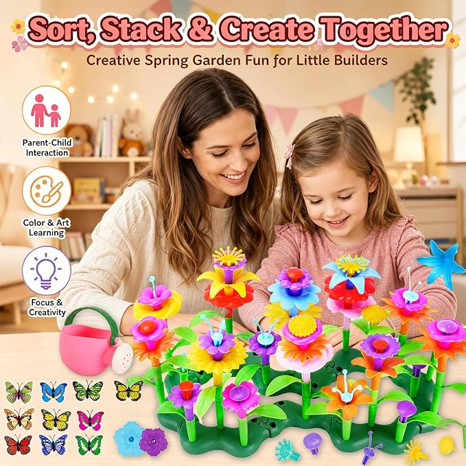 109pcs Flower Garden Building Toys Set - STEM Montessori Toys for Girls | Birthday Gift for 3 4 5 6 7 Years Old Girl, Sorting & Stacking Building Block Playset Springl, Gardening Toy for Kids