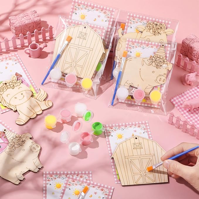 Saypacck 24 Pcs Party Favors Wooden Painting Craft Kits Birthday Party Supplies with Organza Bag for Goodie Bags Fillers Adult Thank You Gifts(Pink Farm)