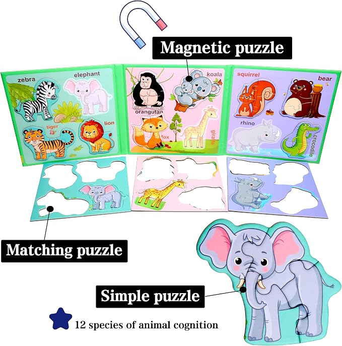 Magnetic Puzzles for Kids Ages 3-5, Travel Toddler Animal Puzzle Toy | Refrigerator Magnet Game for Ages 4-6, Learning & Birthday Gift for Boys, Car Airplane Road Trip Quiet-Time Activity Toys