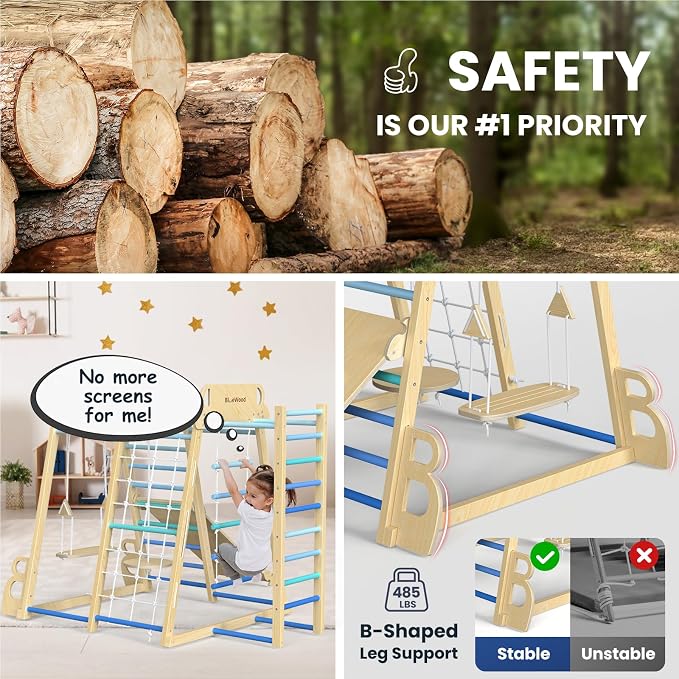 Upgraded Indoor Jungle Gym 9-in-1 Playground Kids Climbing Toys | Waldorf Style Wooden Climber Playset with Slide, Swing, Monkey Bars, Upright/Rope Ladder, Climb Net, Blue