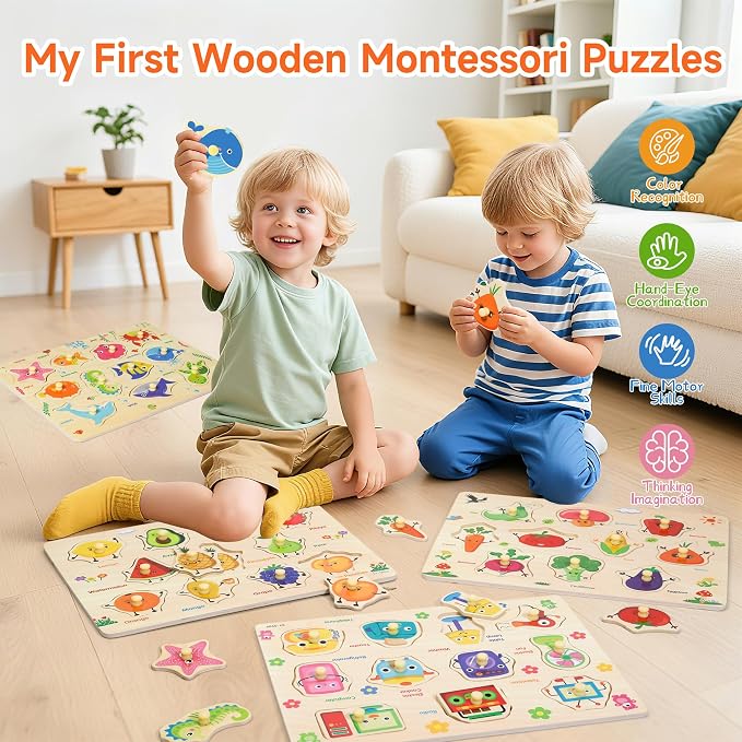 Melofaver 4 PCS Wooden Peg Puzzles for Toddlers, Montessori Kids Puzzle | 4 PCS Toddler Puzzles Set-Fruits, Sea Animals, Home Appliances, Vegetables, Learninng Toys Gift for 3 4 5 Years Boys Girls
