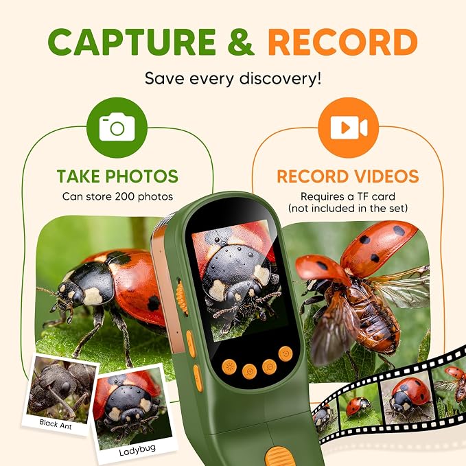 Bug Catcher for Kids with Kids Microscope, 500X Zoom Camera Toy | 9-in-1Handheld Bug Catcher Kit with 2.4" IPS Screen, Photo Video Recording, Led Lights for Outdoor Exploration STEM Toy