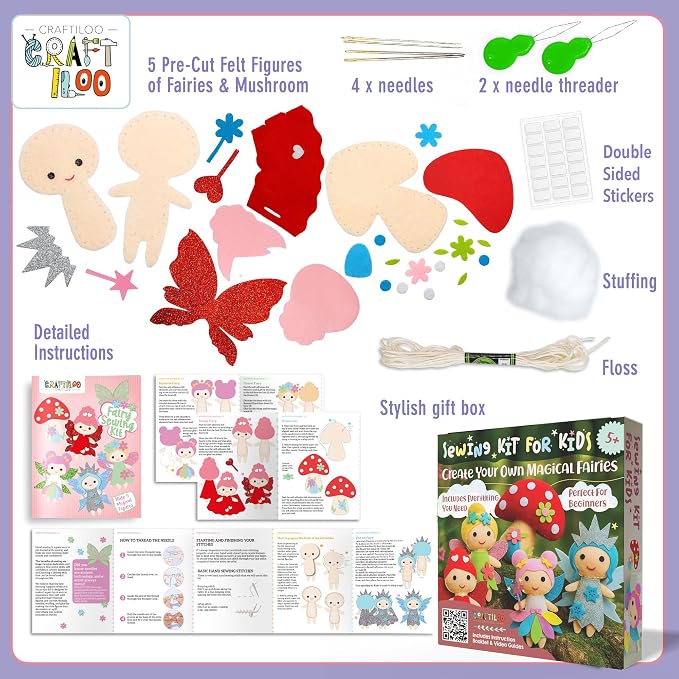 Fairy Sewing Kit for Kids Ages 5-12 - Beginner Kit, 5 Pre-Cut Felt Dolls