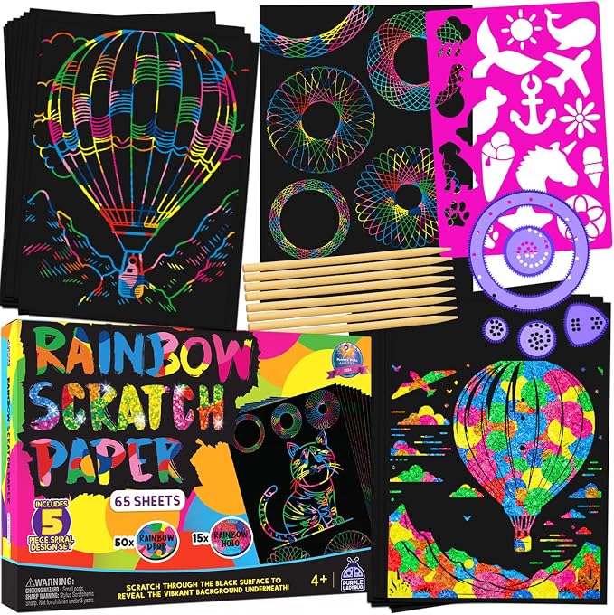 Rainbow Scratch Art Kit with Stencils, 79 Pc Craft Kit Ages 4-8 | Creative Drawing Paper & Stencils, Arts and Crafts for Ages 4-12, Summer Activities for Kids, Travel & Birthday Activities