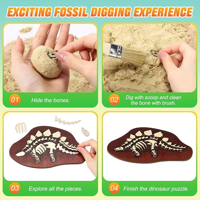 Jenaai Dinosaur Sensory Bin Dinosaur Excavation Archaeology Dig Kit Dino Skeletons Bones Puzzle Game Sandbox Storage with Lid Sand for DIY Making Kit Decoration Gifts Pretend Learning Construction