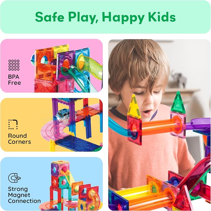 PicassoTiles 108 Piece Marble Run Race Track Set with LED Cars STEM Ages 3+ | 2 Light-Up Vehicles, 4 Magnetic Marbles, BPA-Free, Expandable Collection, Fine Motor Skills,Problem-Solving Screen-Free Toy