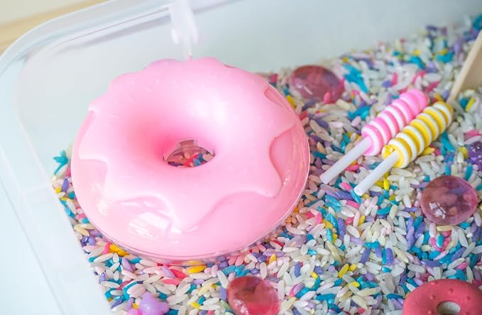 Sweets Shop Sensory Bin Kit for Kids | Bright Rainbow Rice, Candy Erasers, Donut Containers & Wooden Tools – Includes Clear Storage Bin