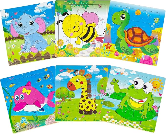 Sealive Wooden Animal Puzzles for Kids Ages 3-5, 6 Pack 16 Piece Jigsaw Set | for Toddlers & Preschoolers, with Early Learning, Fine Motor Skills, Problem Solving, Screen-Free Play, Travel & Gift Option
