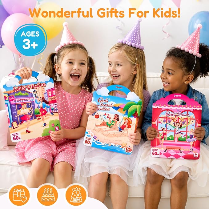 JoyCat Reusable Dress Up Sticker Books, 3-Pack, City Seaside Dreams | 180+ washable stickers, kids car activities, toddler activity, preschool road trip toy, birthday gift for girls ages 3-5
