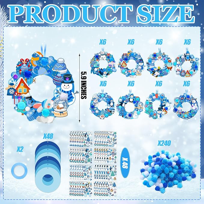 Hollowfly 48 Sets Winter Wreath Craft Kits, DIY Snowflake Snowman Decor | Blue Foam Bases with Snowflake Ornaments, Snowman Stickers for Kids Winter Party Favors, Holiday Classroom Group Activities