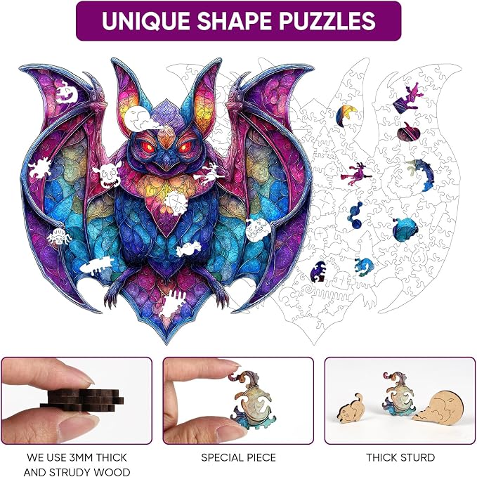 MEATRN Wooden Puzzles for Kids, Stained Glass Bat Wood Puzzles Adult, 198 Pcs