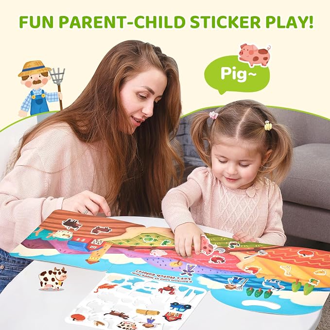 JoyCat Reusable Farm Animal Sticker Book, Travel Toys for Toddlers & Kids | Washable stickers make a kids' activity book for car, airplane and road trips; educational birthday gifts for boys and girls.