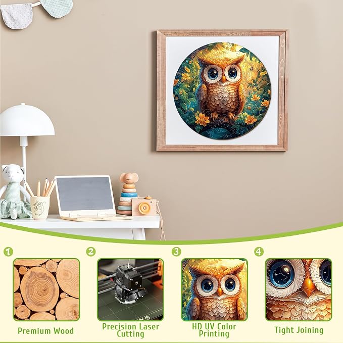 Animal Wooden Puzzles for Kids - Cute Owl | 50 Piece Puzzles for Kids Ages 4-6 - Kids Puzzle with Unique Piece Shapes - Round Puzzles for Boys and Girls (11.4 * 11.4 in)