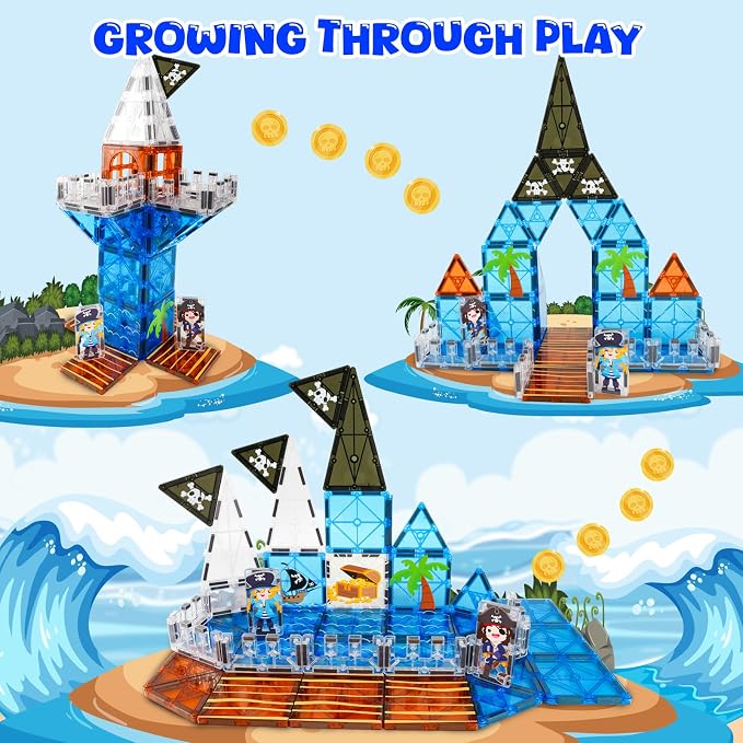 Bmag Magnetic Tiles for Kids,32 PCS Pirate Set with 3D Magnet Building Blocks, STEM Educational Toys for Preschool Learning, Gift for Boys & Girls Age 3 4 5+