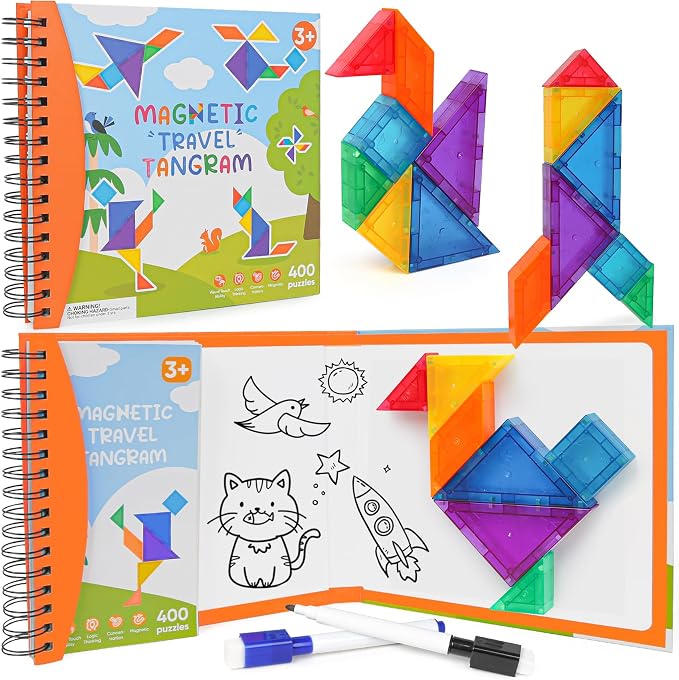 3D Magnetic Travel Tangram Puzzle, STEM Brain Teasers Toy for Kids&Adults | 400 Shape Challenges, Logic Skill Builder, Portable Book Design, Easy to Store, Educational Learning Gift