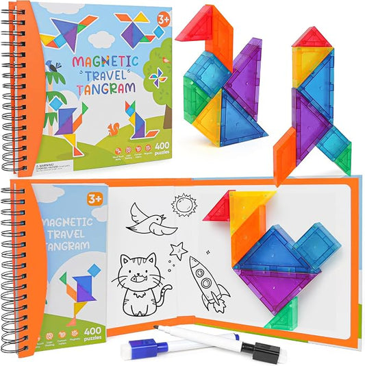 3D Magnetic Travel Tangram Puzzle, STEM Brain Teasers Toy for Kids&Adults | 400 Shape Challenges, Logic Skill Builder, Portable Book Design, Easy to Store, Educational Learning Gift