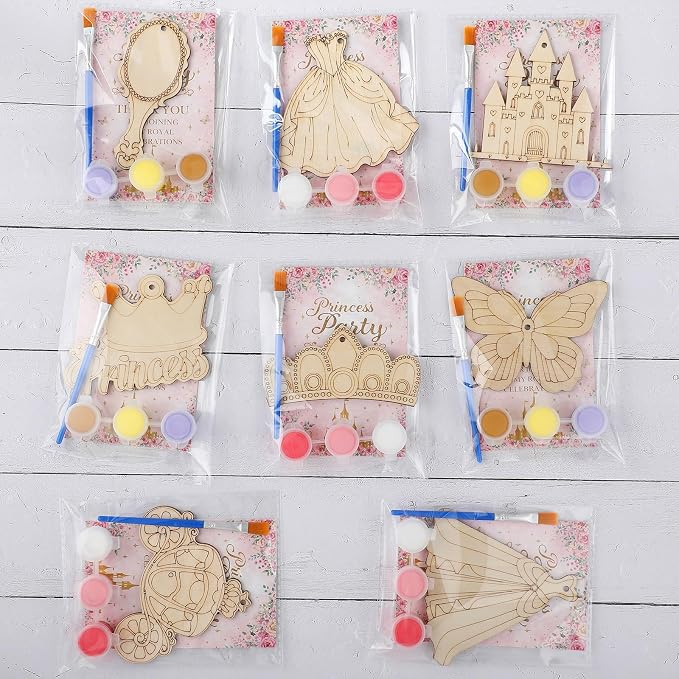 Saypacck 24 Pcs Princess Party Favors Wooden Paint Craft Kits | Organza Bags for Goodie Fillers, Princess Games Activities, Party Decorations, 8 Designs Include Paints and Paintbrush