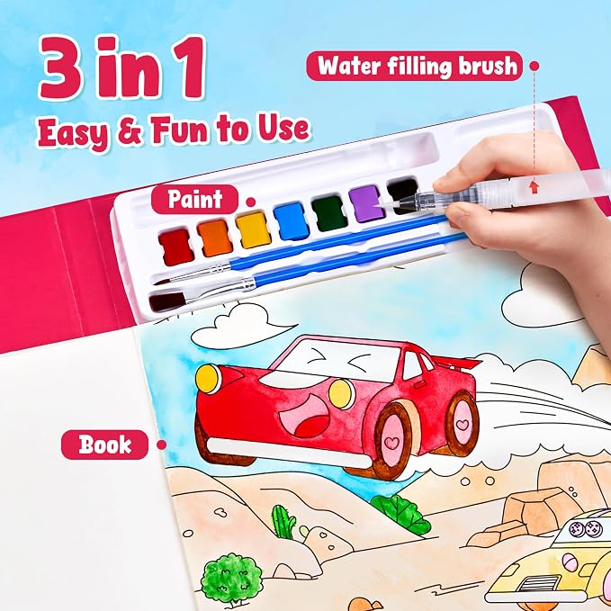 JoyCat Paint with Water Coloring Books for Toddlers (Transportation) | Watercolor Painting Set for Kids Ages 3-5 & 4-8, Arts & Crafts Drawing Activity Travel Toy, Birthday Gifts for Boys & Girls