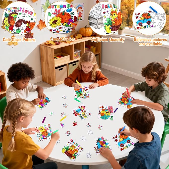 Thanksgiving Fall Arts & Crafts for Kids, Autumn Activity Kit Blank Puzzle | 24 Set Thanksgiving Jigsaw Pumpkin Turkey for Fall Harvest Party Favors Classroom Gifts DIY Coloring Games Toys Supplies Bulk