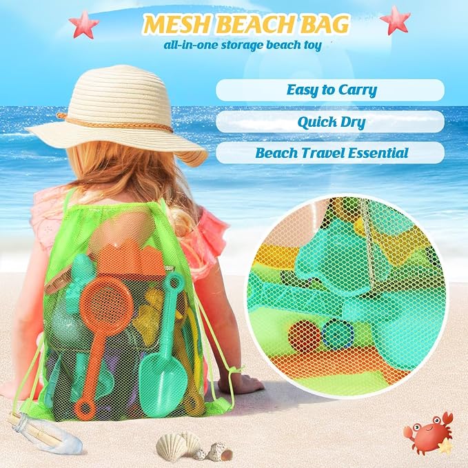 Beach Sand Toys for Kids,Sand toys with 2 Collapsible Beach Bucket,2 Beach Sifter Shovel,Sand Shovel Set,Sand Castle Kit,Sea Animal Molds,Diving Gem Pool Toy,Mesh Bag Travel Toys for Toddler 3-10