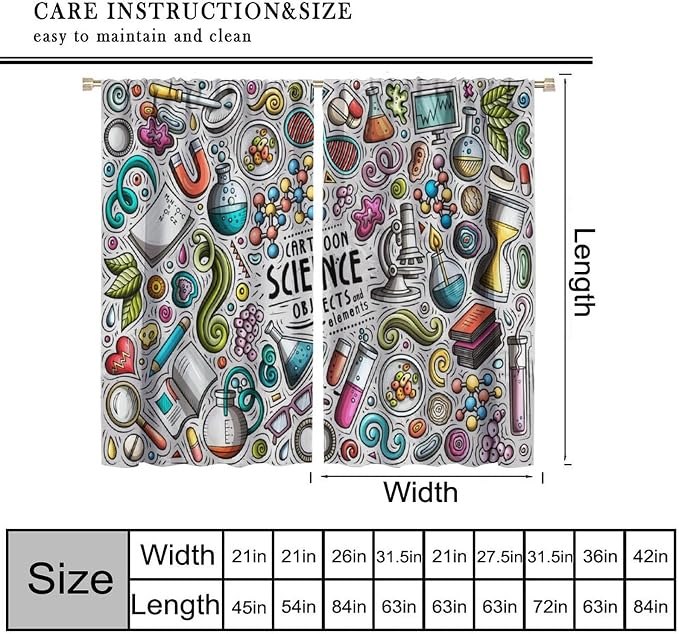 Science Symbols Kids Curtain Sketches Cartoon Chemistry Physics Geometry Education Pattern Print Window Drapes for Bedroom Living Room Kitchen Decor,2 Panel Set,52x84 Inch Blackout