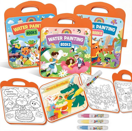 Bresdim Reusable Water Coloring Book,Water Painting Books for Toddlers 1-3 | 3Pack Handheld Mess Free Coloring Books with Water Pens,Educational Toddler Travel Activity Toys for Kid 3–6