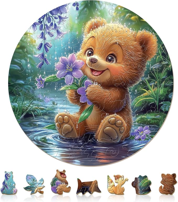 Animal Wooden Puzzles for Kids - Bear with Blooms | 50 Piece Puzzles for Kids Ages 6-8, Kids Puzzles with Unique Animal Shapes, Round Gift for Girls and Boys (11.4 * 11.4 in)