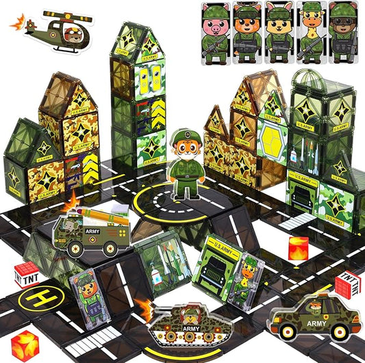 Magnetic Tiles Army Toys with Army Men Military Tank Plane Car, Magnet Tiles for Kids 3-5 4-8,Toy for Boys 4 5 6-8,Magnet Blocks Military Toys Action Figures Soldiers,Gifts for 3-12 Year Old Boys Kids