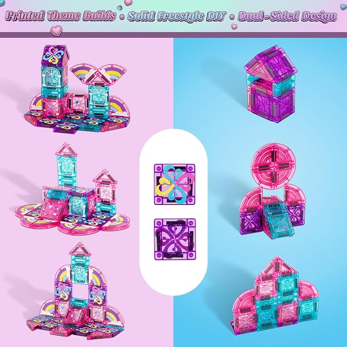 42PCS Mini Magnetic Tiles Toddler Travel Toys for Girls 3-5 Year Old Gifts | Heart & Rainbow Theme, Portable Metal Case, Kids Travel Essentials for Airplane, Car & Road Trip, STEM Preschool Learning Toy
