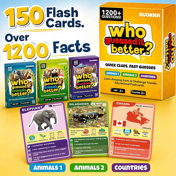 Quokka Who Guess It Better Game Set – Animals & Countries Educational Game with Visual Clues, 3 Card Sets Bundle, Screen-Free Travel Games for Kids Ages 6+