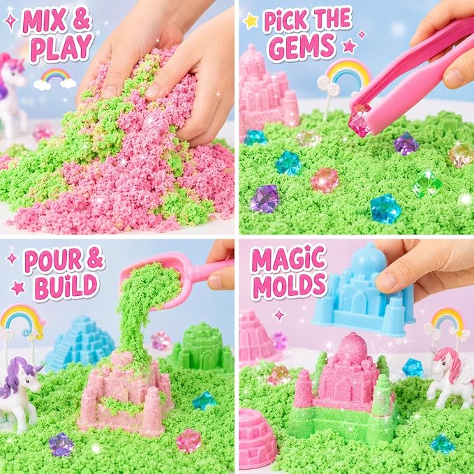 Carolart Unicorn Sensory Bin, Sand Box Kit with Sensory Sand for Girls | Unicorn sand kit , Sensory kit with castle molds and storage bin for creative play, girls gifts for toddlers ages 3+