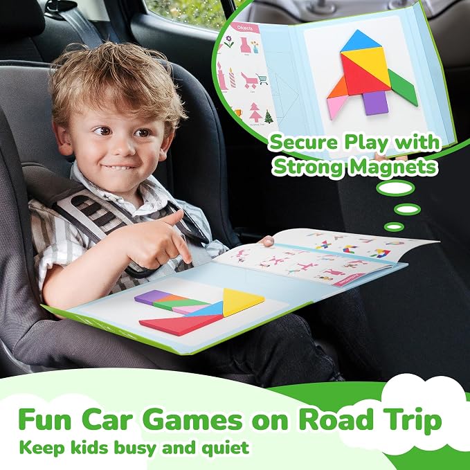 BenBen Magnetic Tangram Puzzle, Wooden Travel Toys Ages 4-8 8-12 | Wooden Dual-Sided Magnetic Board, Travel Games for Road Trips, Car Toys for Kids, STEM Educational IQ Book