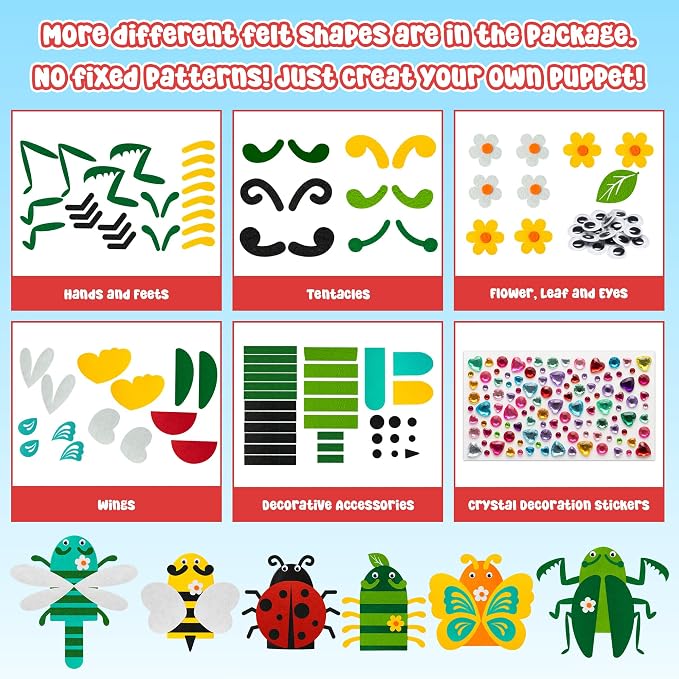 WATINC Hand Puppet Making Kit, Felt Sock Puppet Toys for Kids (Insect) | 6 Styles, Make Your Own Storytelling & Role Play Crafts, Creative Group Activity, Party Favors & Gifts for Kids Ages 4-8