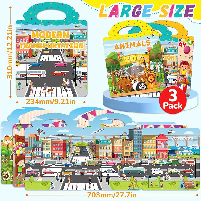 3 Sets Reusable Sticker Books for Toddlers 3-6 Years, Large Jelly Sticker Activity Books for Kids, Travel Toys for Toddlers Ages 3+ Girls & Boys