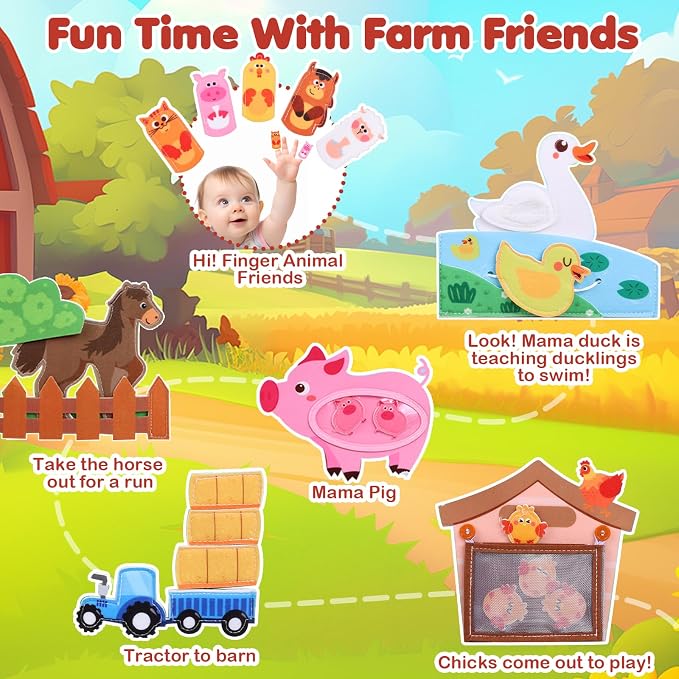 Busy Board for Toddler, Montessori Toys Farm Animals Busy Book for 2-4 Year Old Boy Girl, Quiet Activity Books Gift for Kid, Felt Busy Learning Toy for Toddlers, Car Airplane Travel Toys