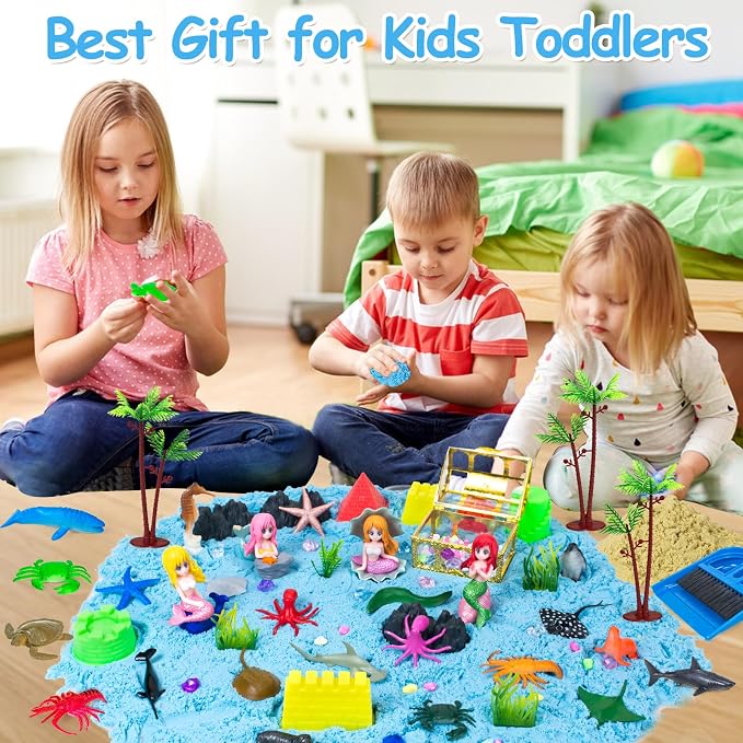 57Pcs Ocean Sensory Bin, Mermaid Sensory Sand Toys for Kids Ages 4-8 Years | Ocean Sand Art Kit Sea Animals Molds Sandbox with Cover, Kids Play Sand Toys Playsand Birthday Gift for Boys Girls 3-5 6 7 8