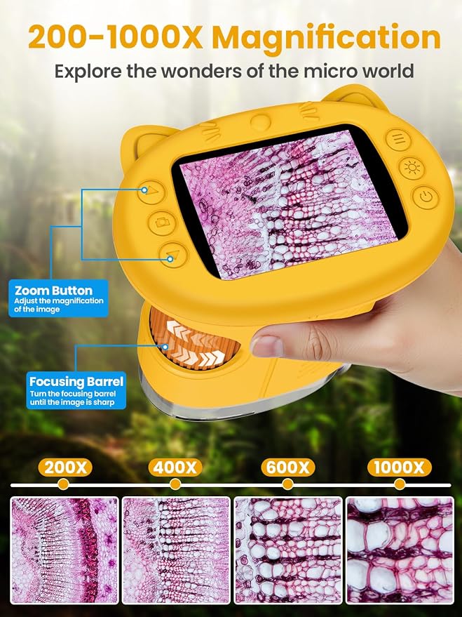 Microscope for Kids, 2.4 Inch Digital Microscope with 1000X Magnification, Handheld Camera Mini Pocket Magnifying Glass, Educational Birthday Gifts Toys for Ages 3+, Yellow