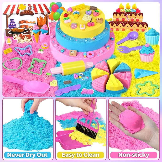 YongnKids Sensory Bin Cake & Ice Cream Sandbox for Kids Girls 3+ | Sand Art Kit w/Lid Sensory Toys include Cake Molds,Play Sand Tools, Ice Cream Toy Shop,Great Fun Gift for Girls Boys