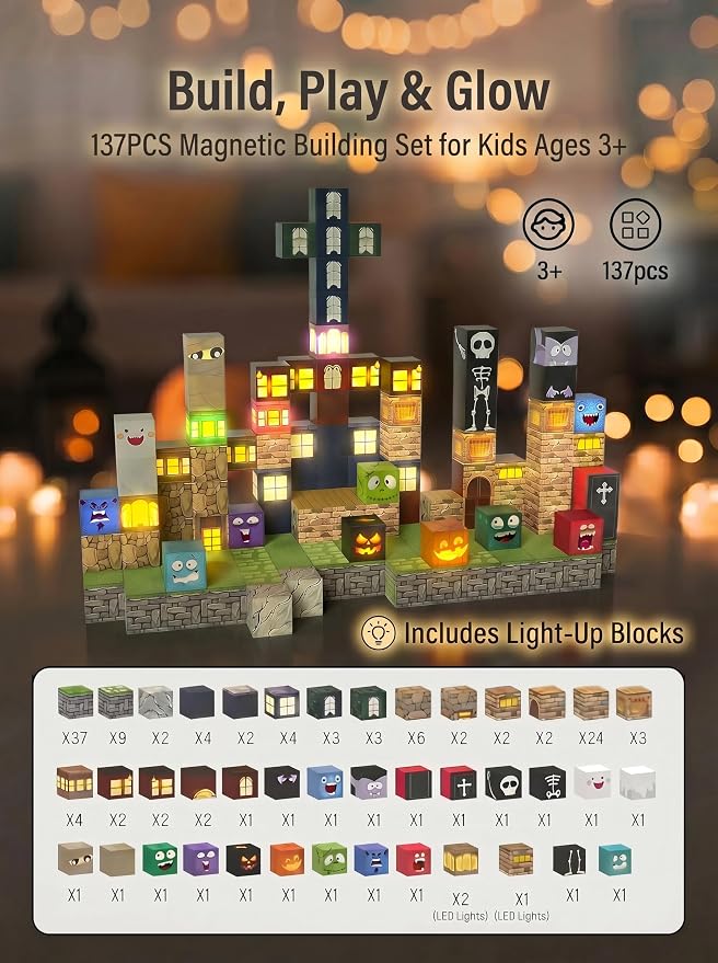 Veecafiodi 137PCS Magnetic Building Blocks with Lights, Magnetic Blocks Building Set for Kids Ages 4-8, STEM Building Toys for Boys Girls, Birthday Gift