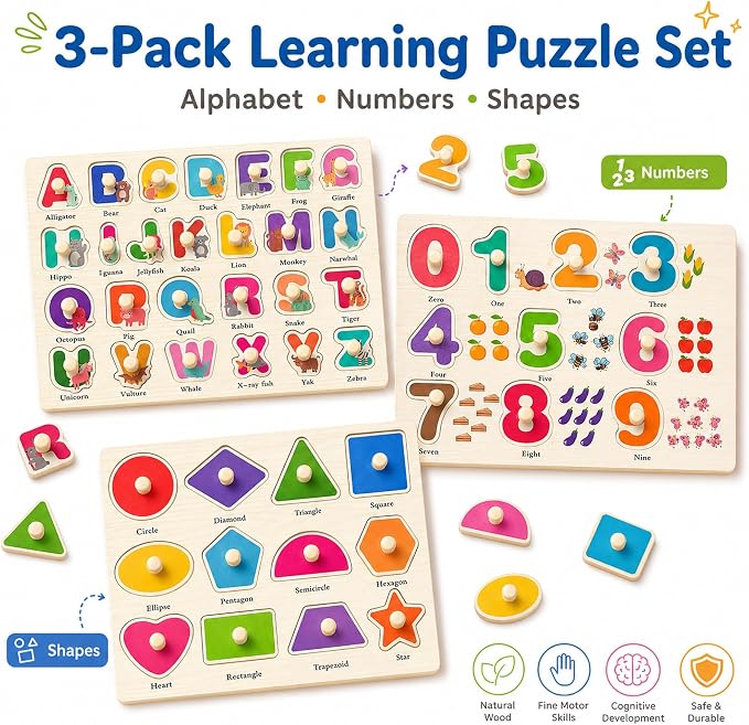 Wooden Peg Puzzles for Toddlers, 3 Pack Large Wooden Knob Puzzles for Ages 3-5, Montessori Shape Matching Toys, Preschool Learning Puzzles for Fine Motor Skills, Birthday Gifts for Boys Girls 3 4 5